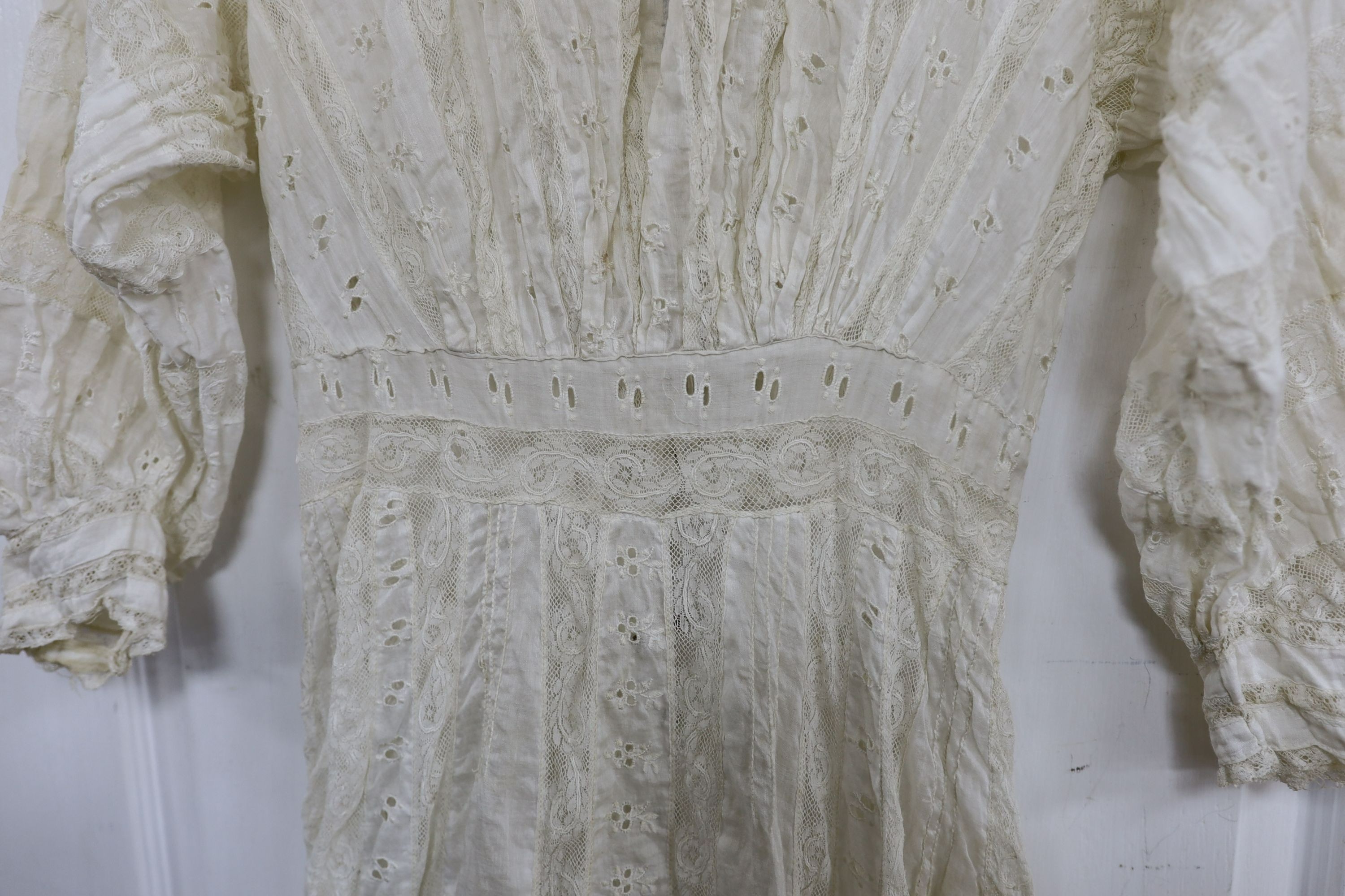 An Edwardian white worked and lace inserted ladies croquet garden dress